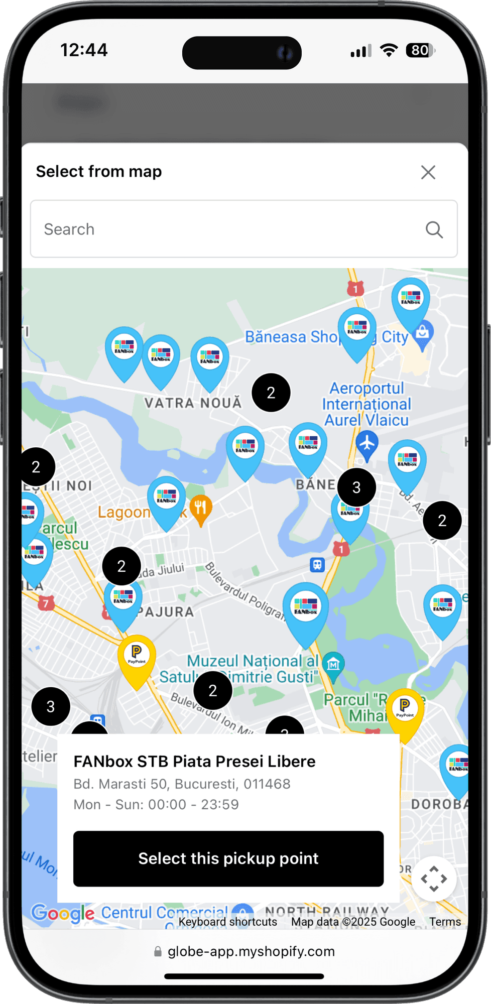 Interaktywna mapa punktów odbioru FAN Courier w kasie sklepu Shopify