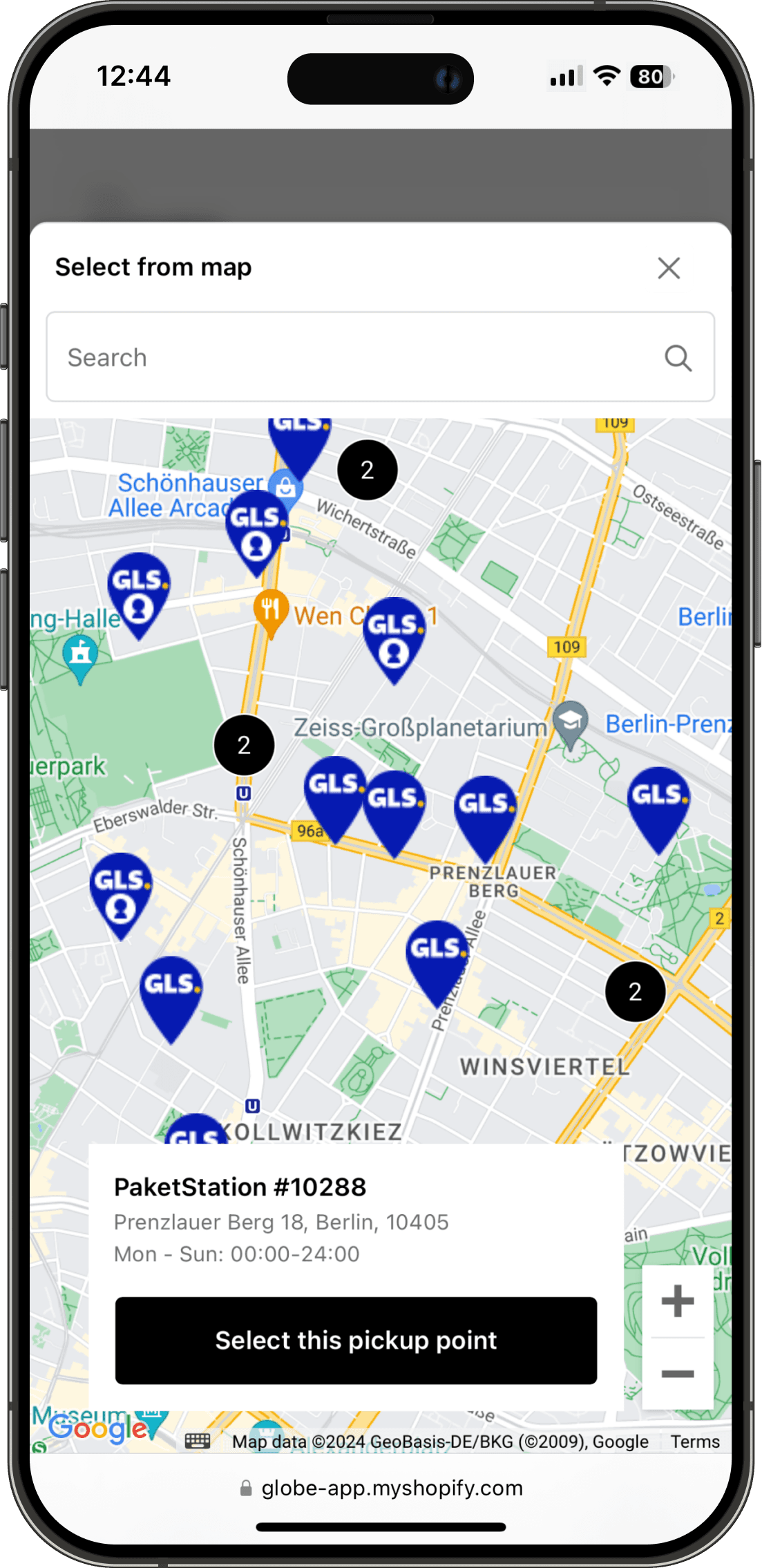 Interaktivní mapa výdejních míst GLS v rozhraní Shopify pokladny
