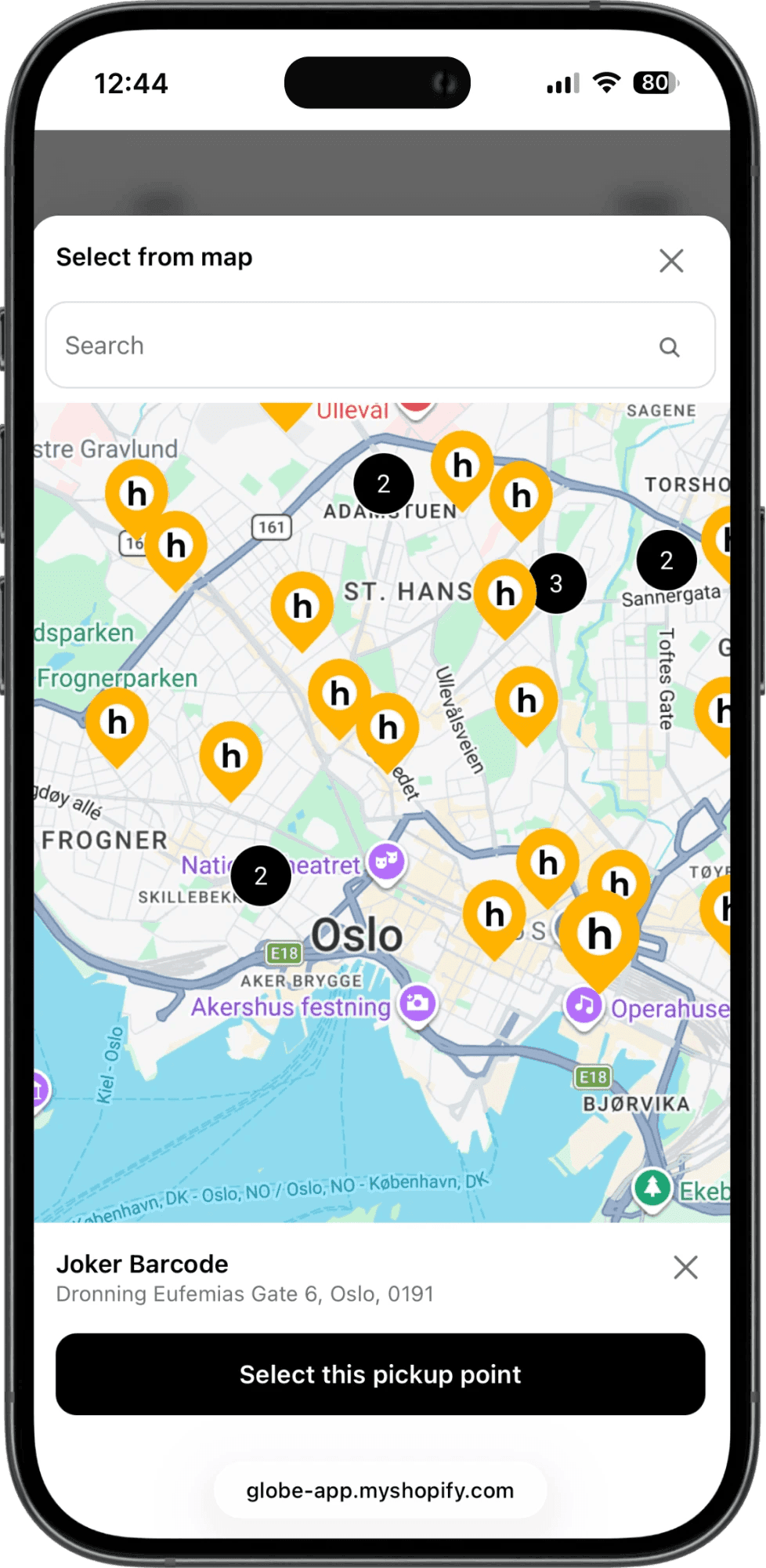 Interactive Helthjem pickup points map on Shopify checkout interface