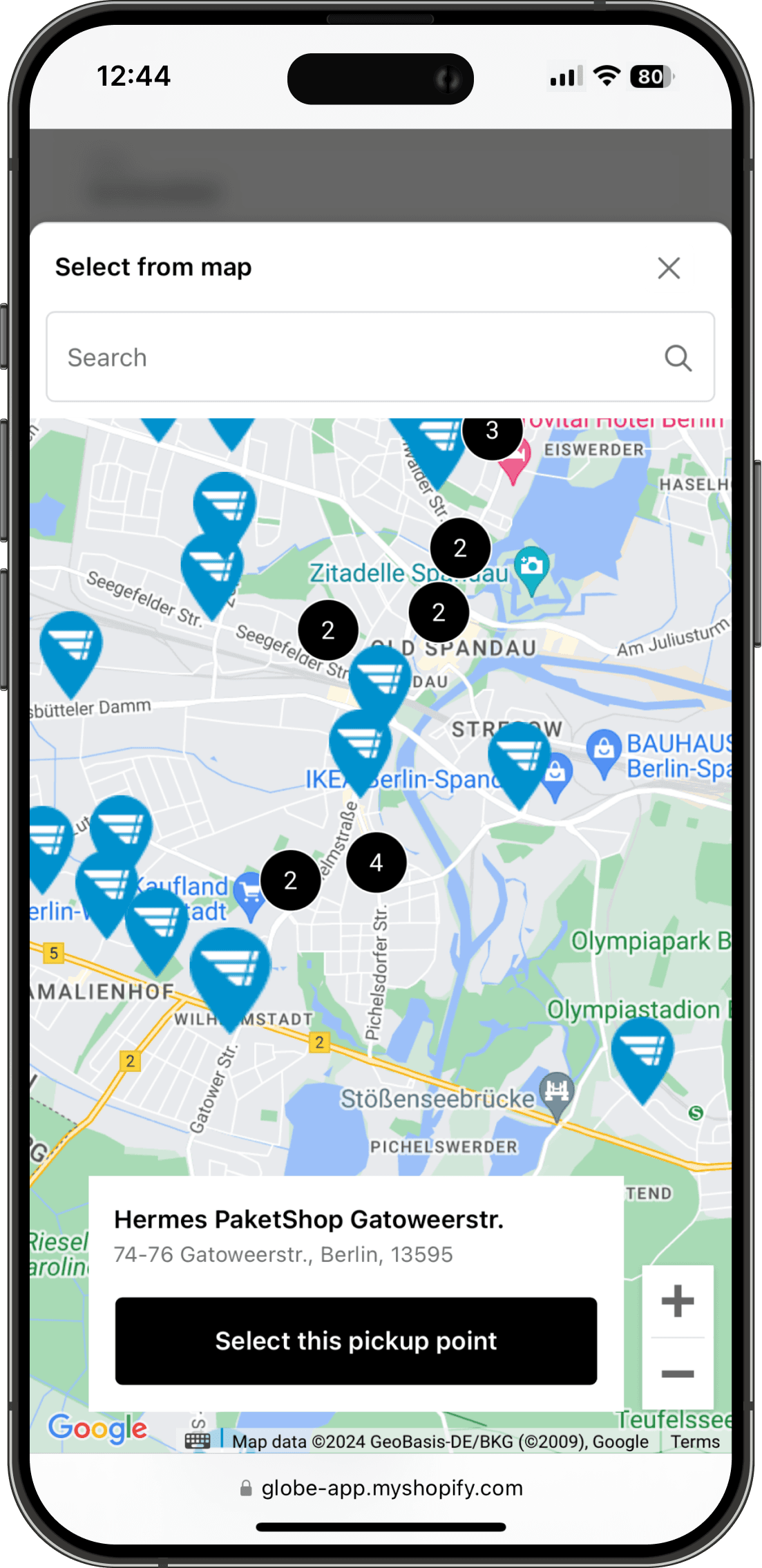 Interaktivní mapa výdejních míst Hermes v rozhraní Shopify pokladny
