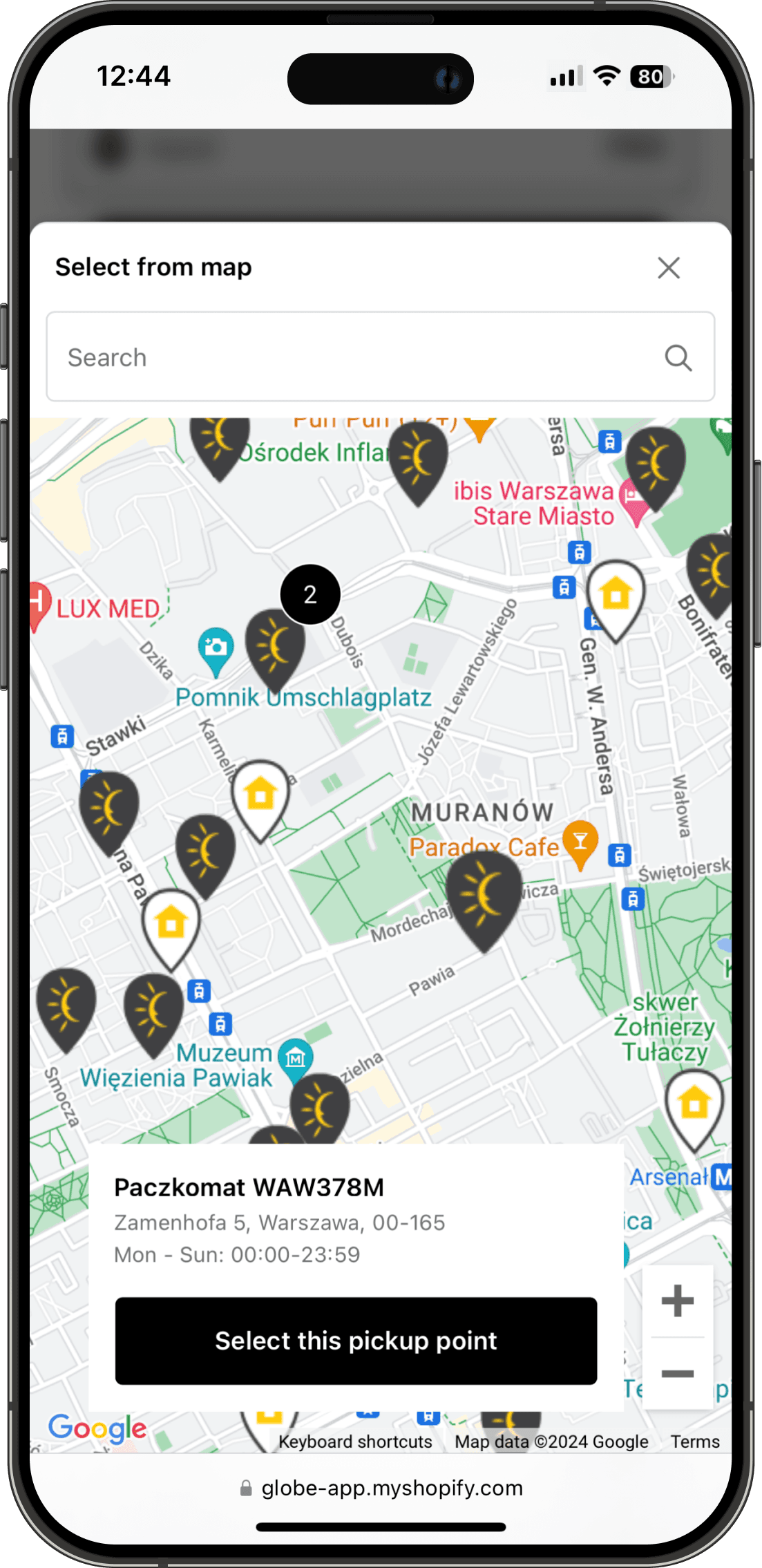 Interaktivní mapa výdejních míst InPost v rozhraní Shopify pokladny