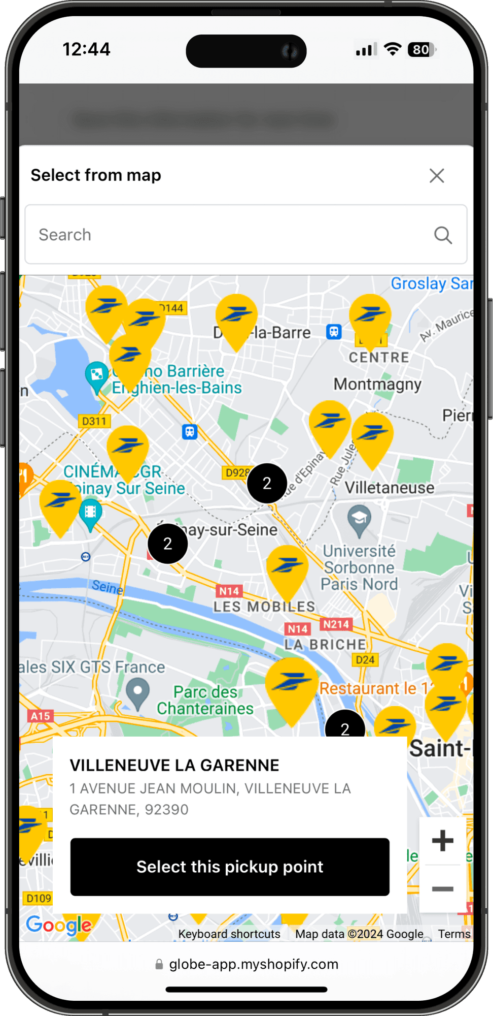 Interaktív La Poste csomagpont-térkép a Shopify pénztárban