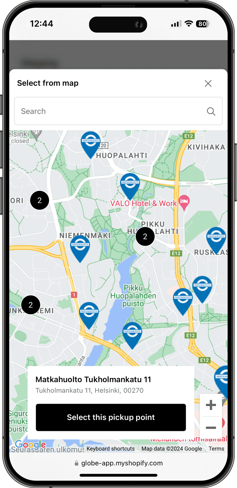 Interaktivní mapa výdejních míst Matkahuolto v rozhraní Shopify pokladny