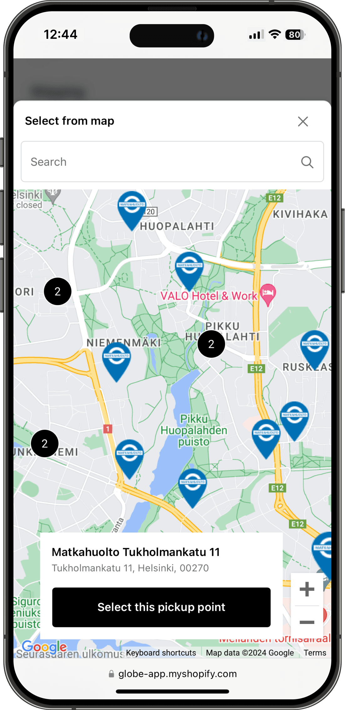 Interaktivní mapa výdejních míst Matkahuolto v rozhraní Shopify pokladny