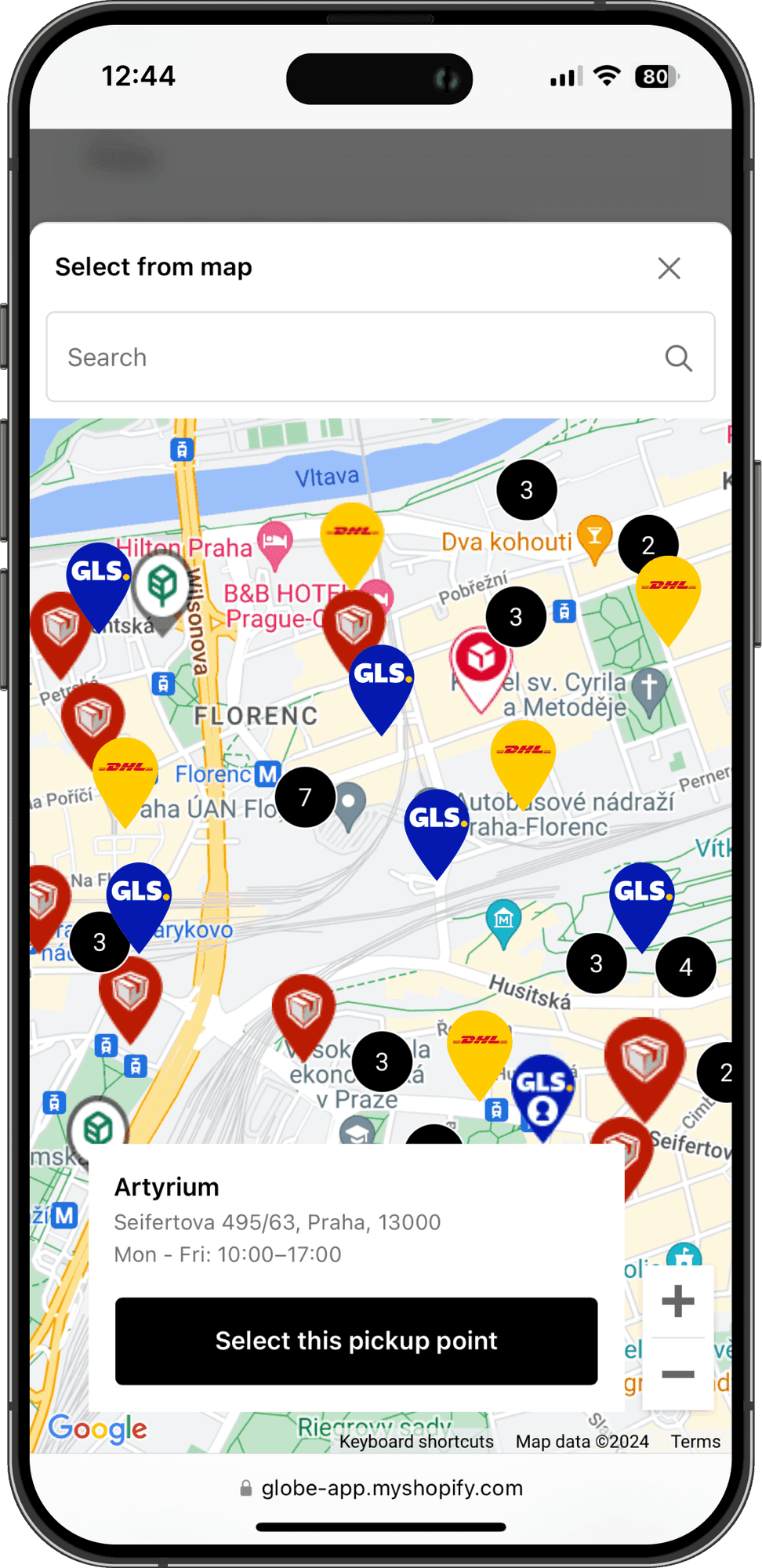 Interaktywna mapa punktów odbioru Boxpi w kasie sklepu Shopify