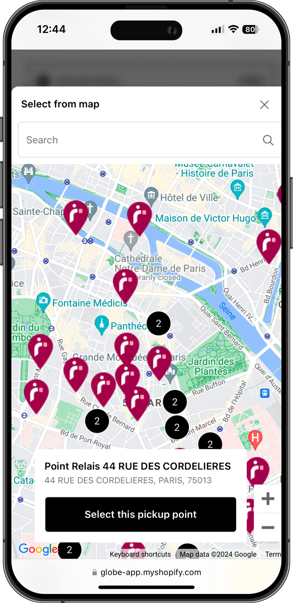 Interaktywna mapa punktów odbioru Mondial Relay w kasie sklepu Shopify