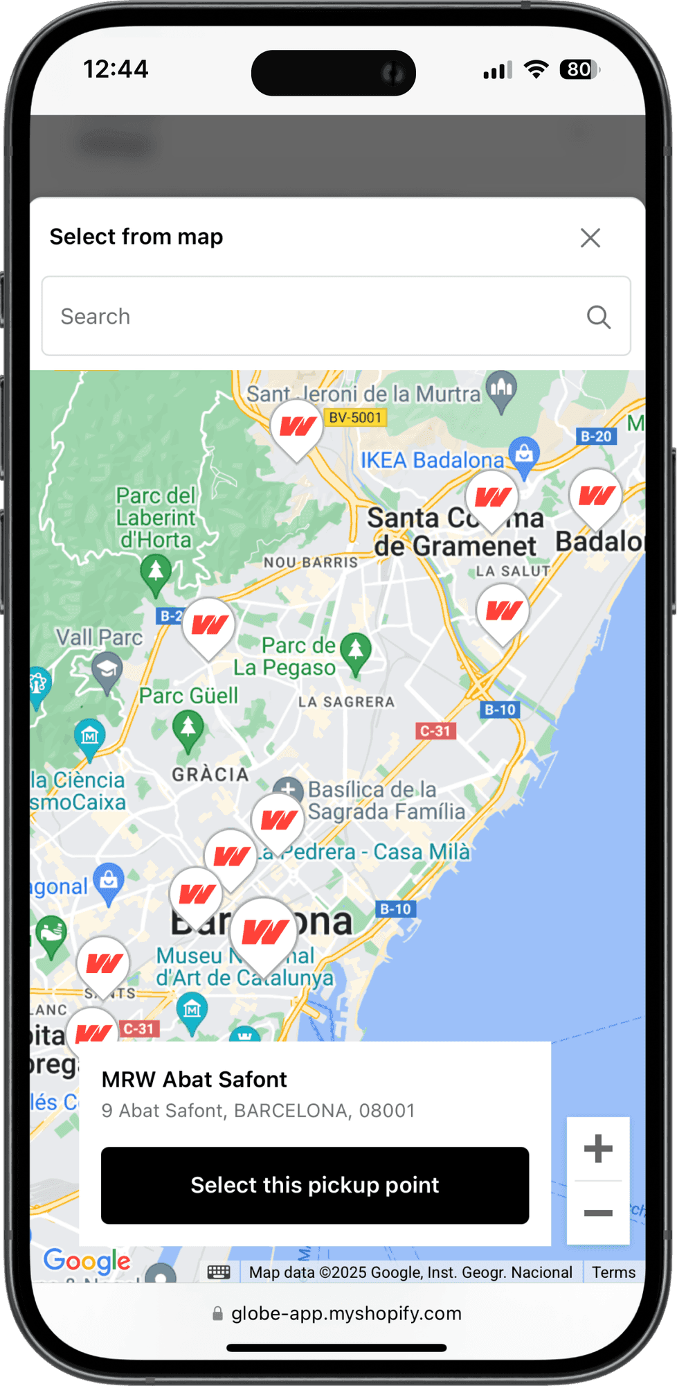 Interaktywna mapa punktów odbioru MRW w kasie sklepu Shopify