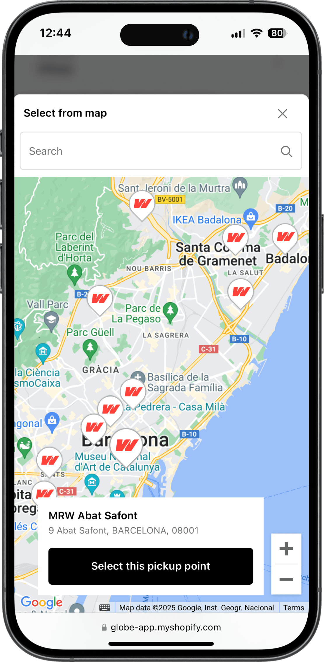 Interaktivní mapa výdejních míst MRW v rozhraní Shopify pokladny