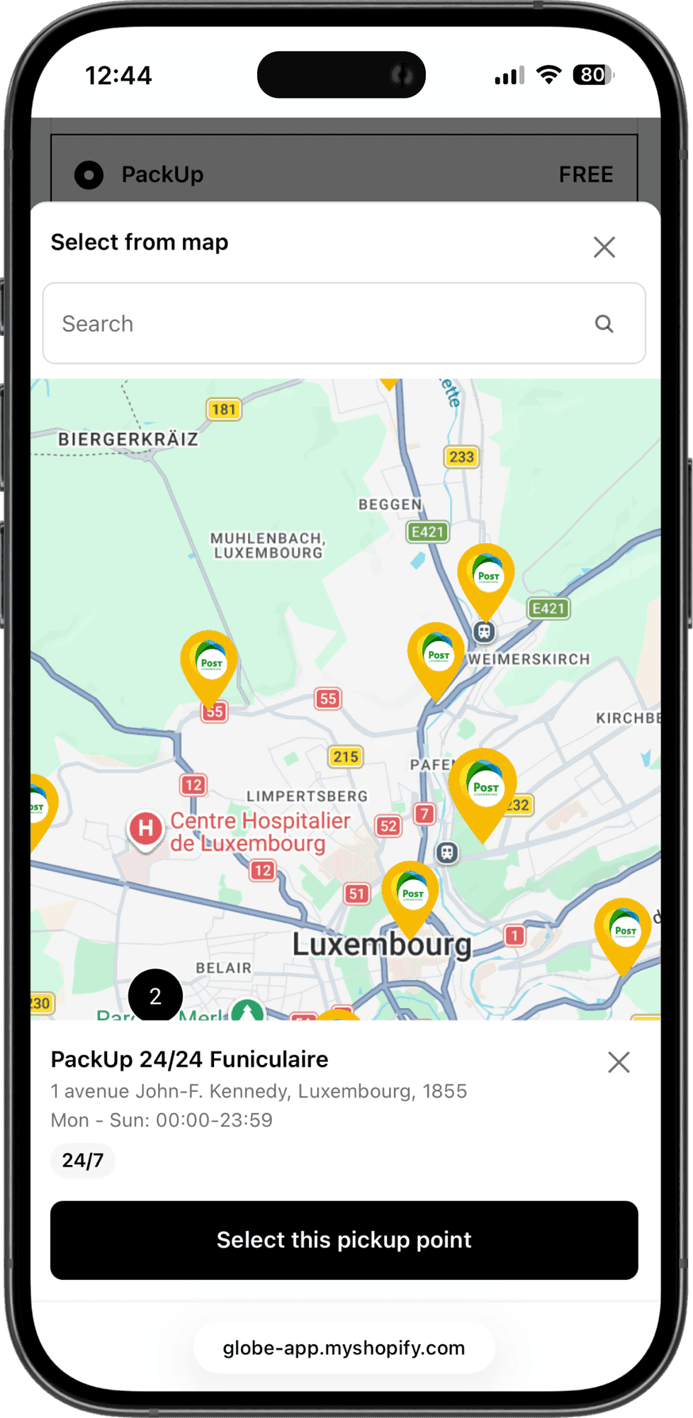 Interaktywna mapa punktów odbioru PackUp w kasie sklepu Shopify