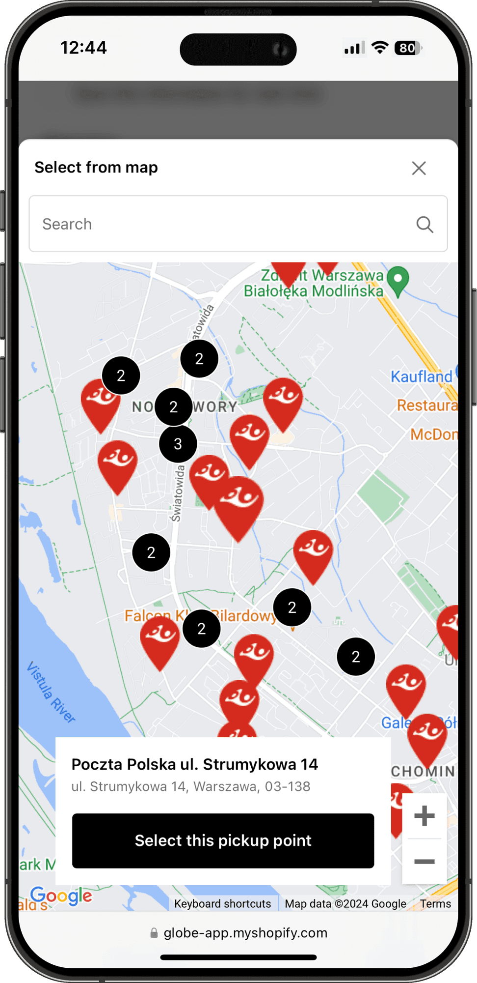 Interaktywna mapa punktów odbioru Poczta Polska w kasie sklepu Shopify