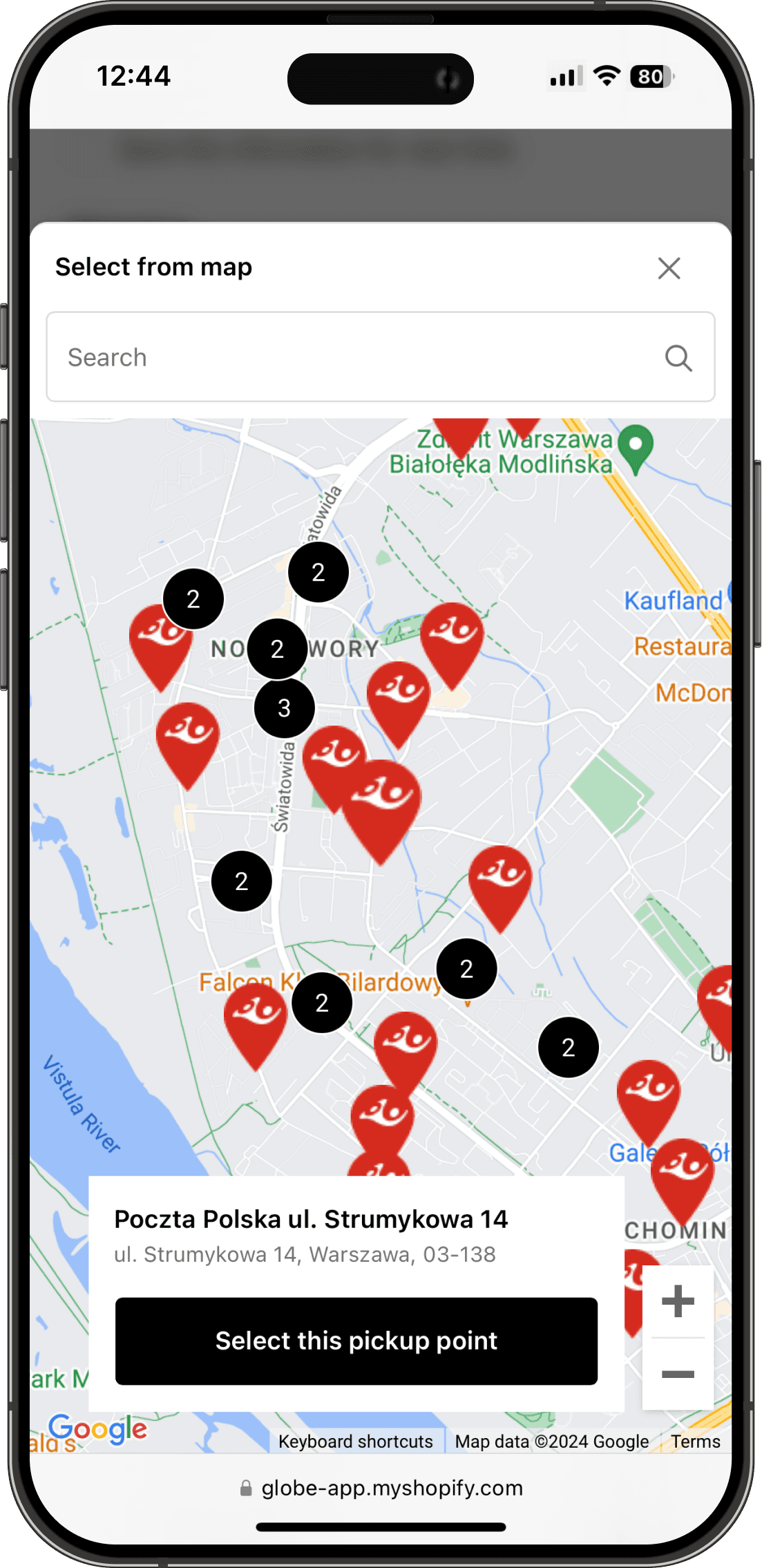 Interaktivní mapa výdejních míst Polská Pošta v rozhraní Shopify pokladny