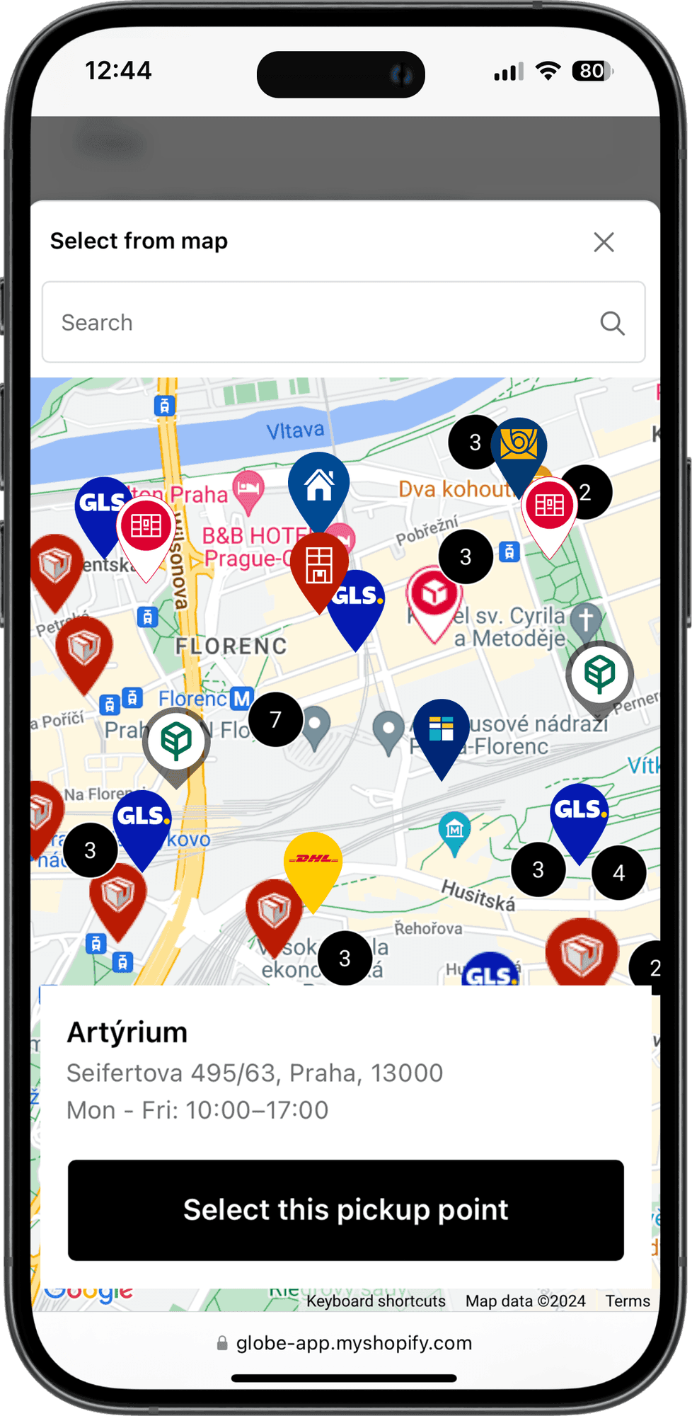 Interaktivní mapa výdejních míst Pošta bez hranic v rozhraní Shopify pokladny