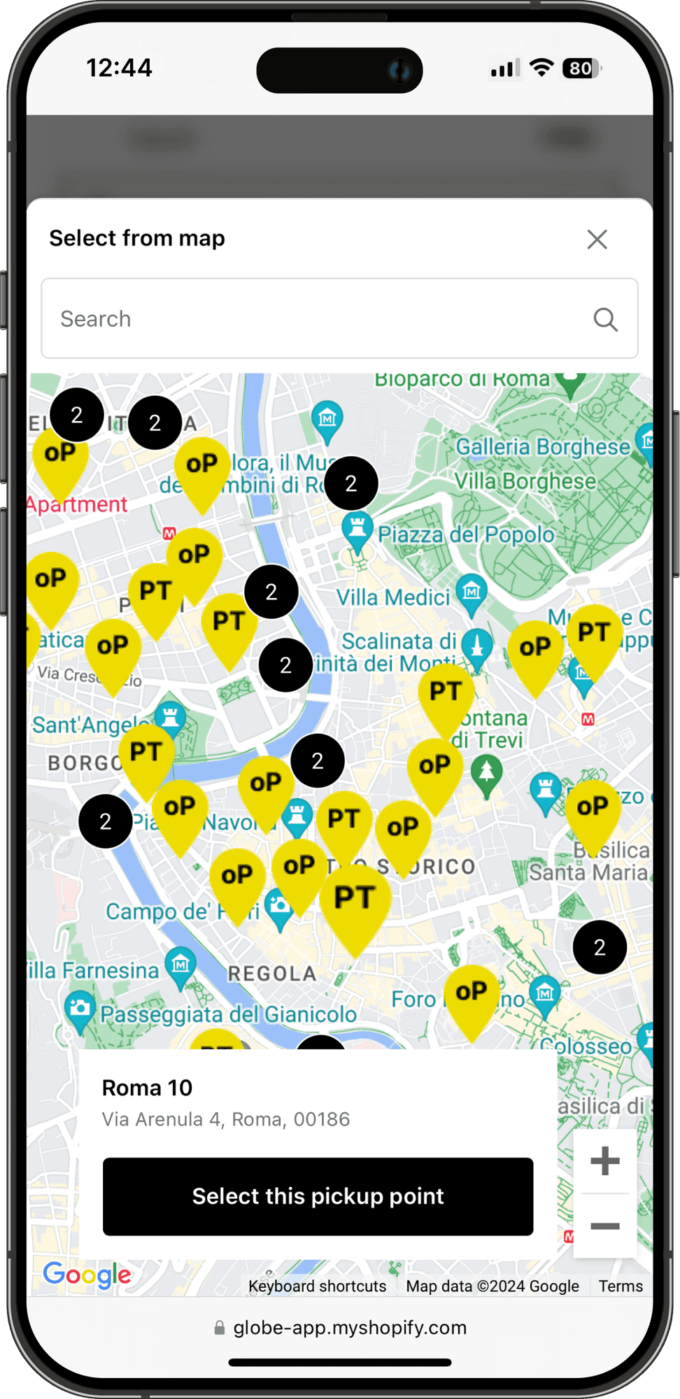 Interaktywna mapa punktów odbioru Poste Italiane w kasie sklepu Shopify