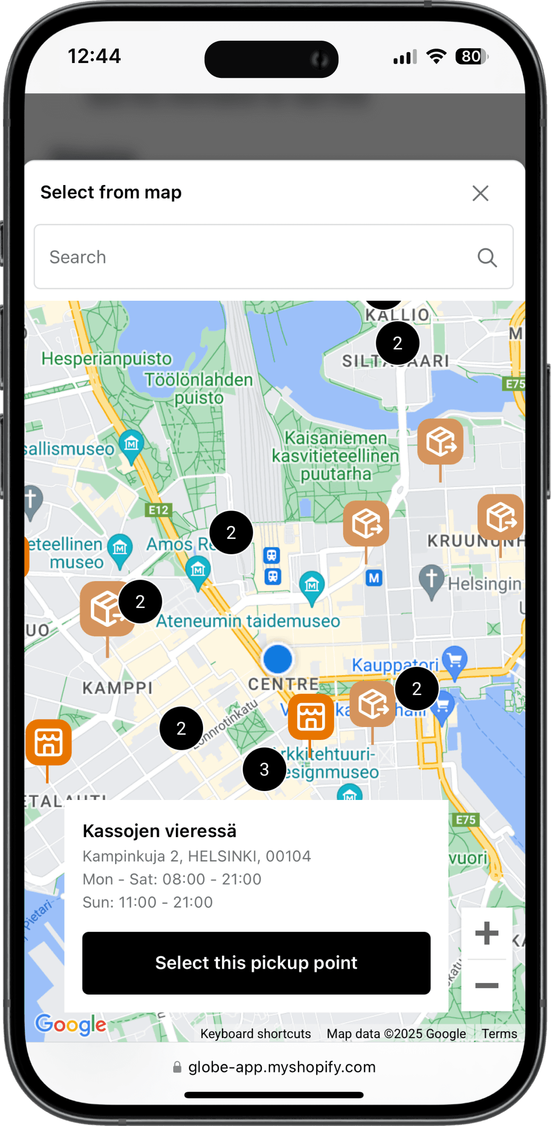 Interaktivní mapa výdejních míst Posti v rozhraní Shopify pokladny