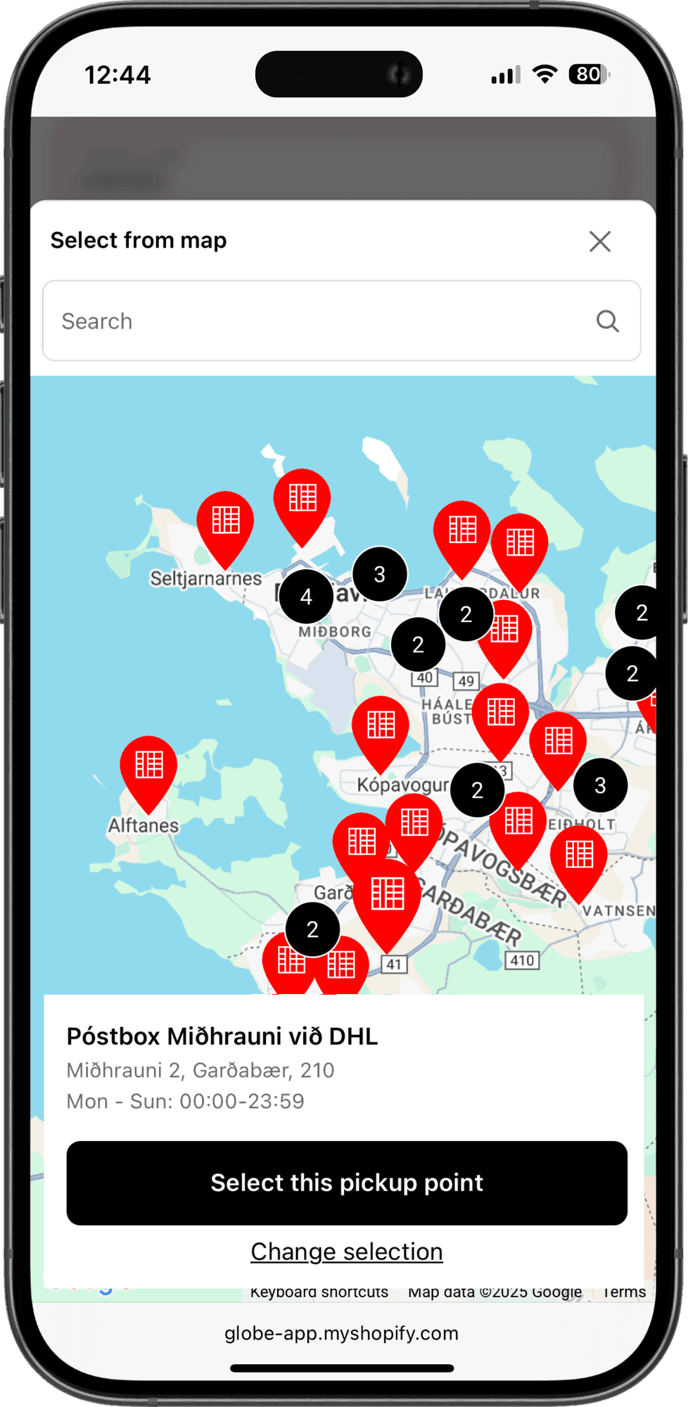 Interactive Pósturinn pickup points map on Shopify checkout interface