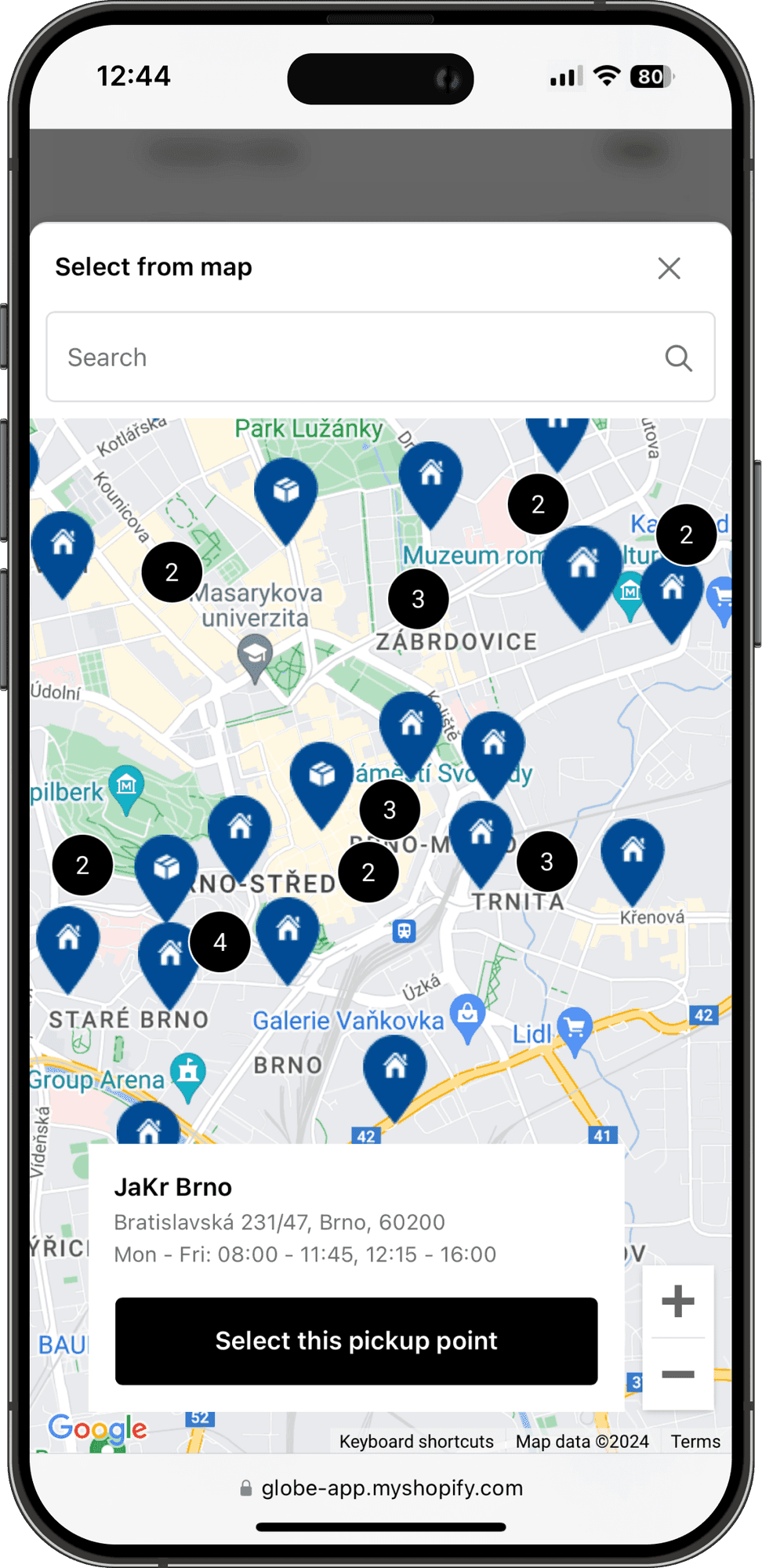 Interaktivní mapa výdejních míst PPL v rozhraní Shopify pokladny