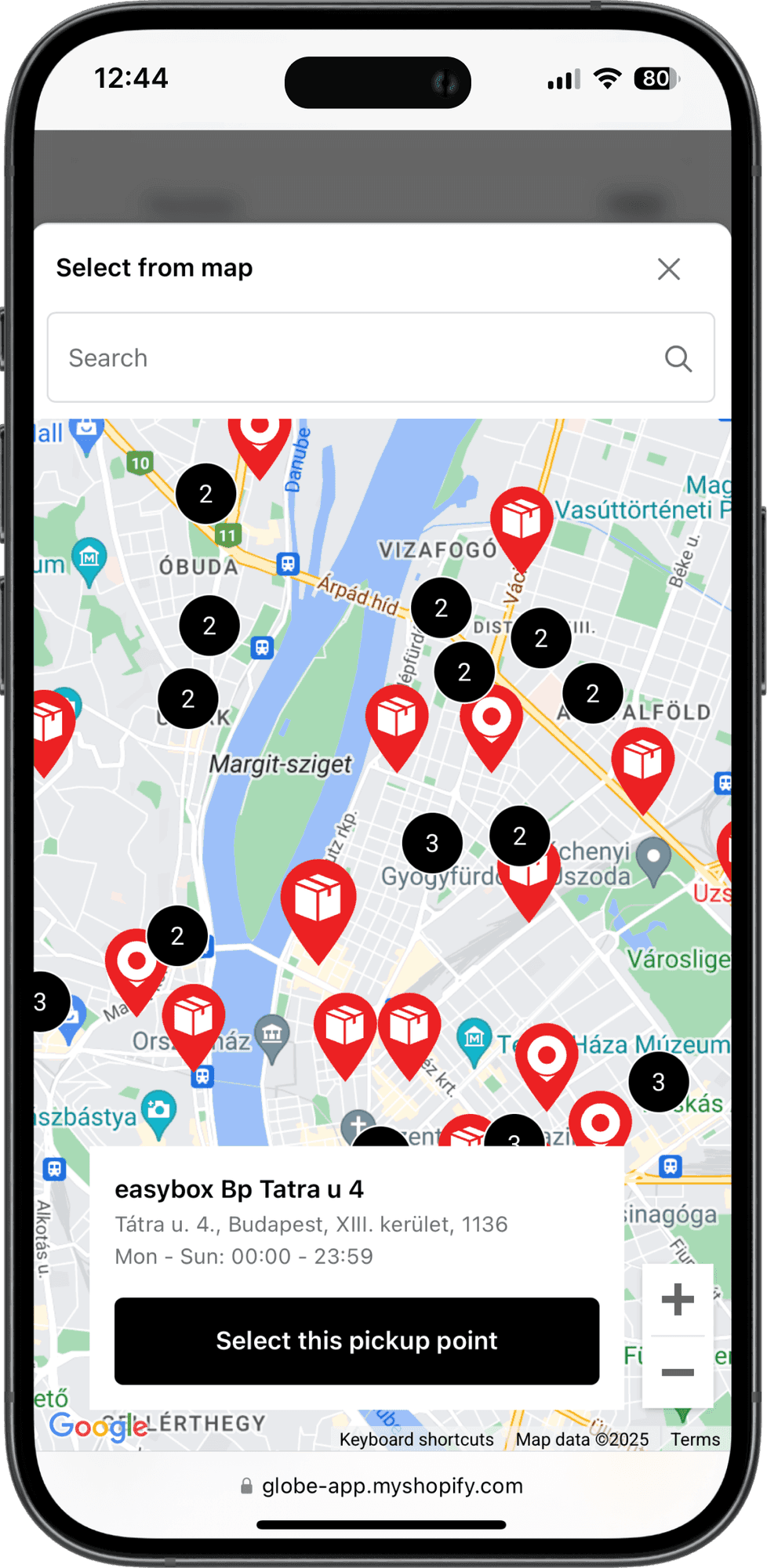 Interaktywna mapa punktów odbioru Sameday w kasie sklepu Shopify