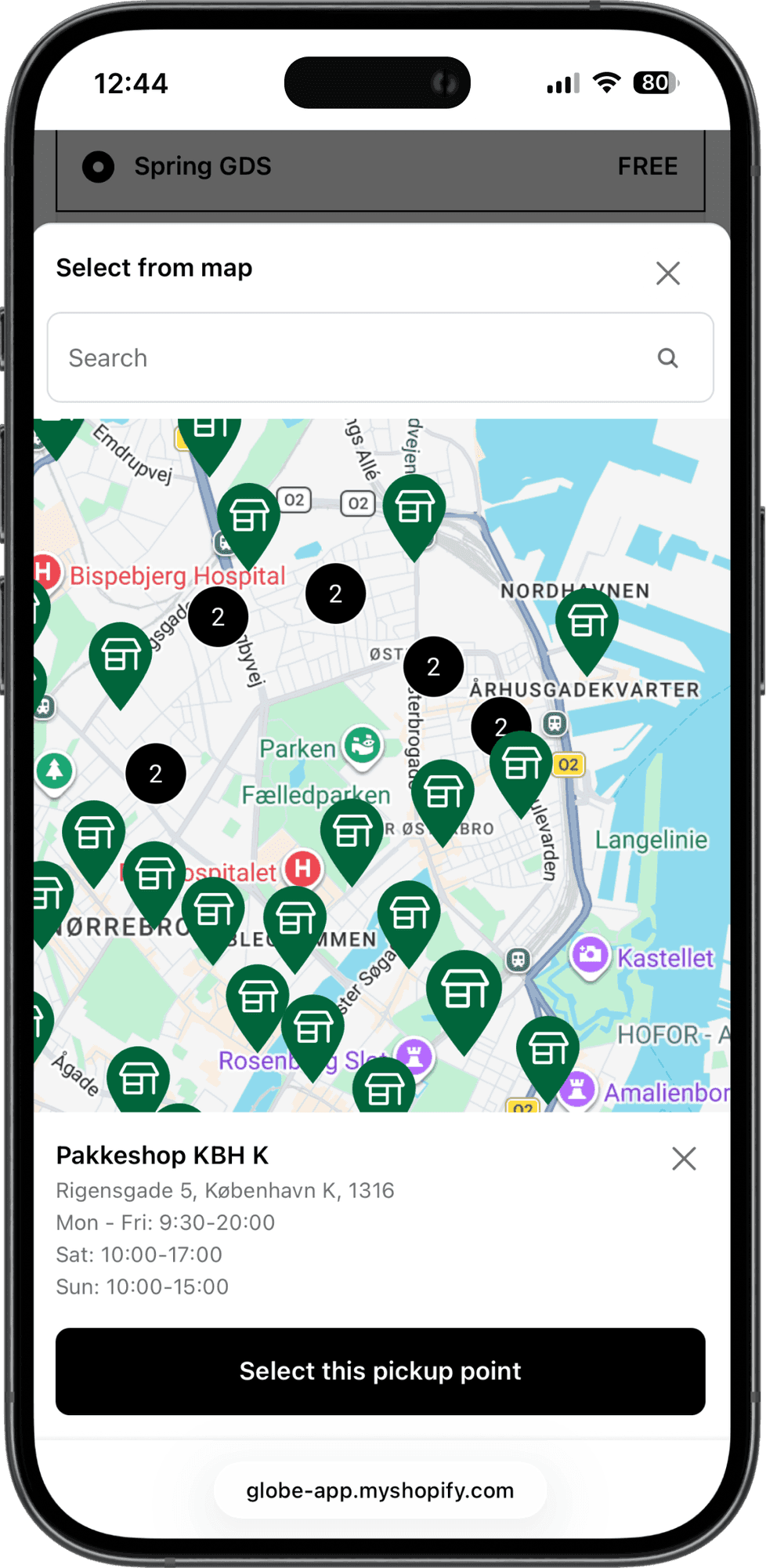 Interaktywna mapa punktów odbioru Spring GDS w kasie sklepu Shopify