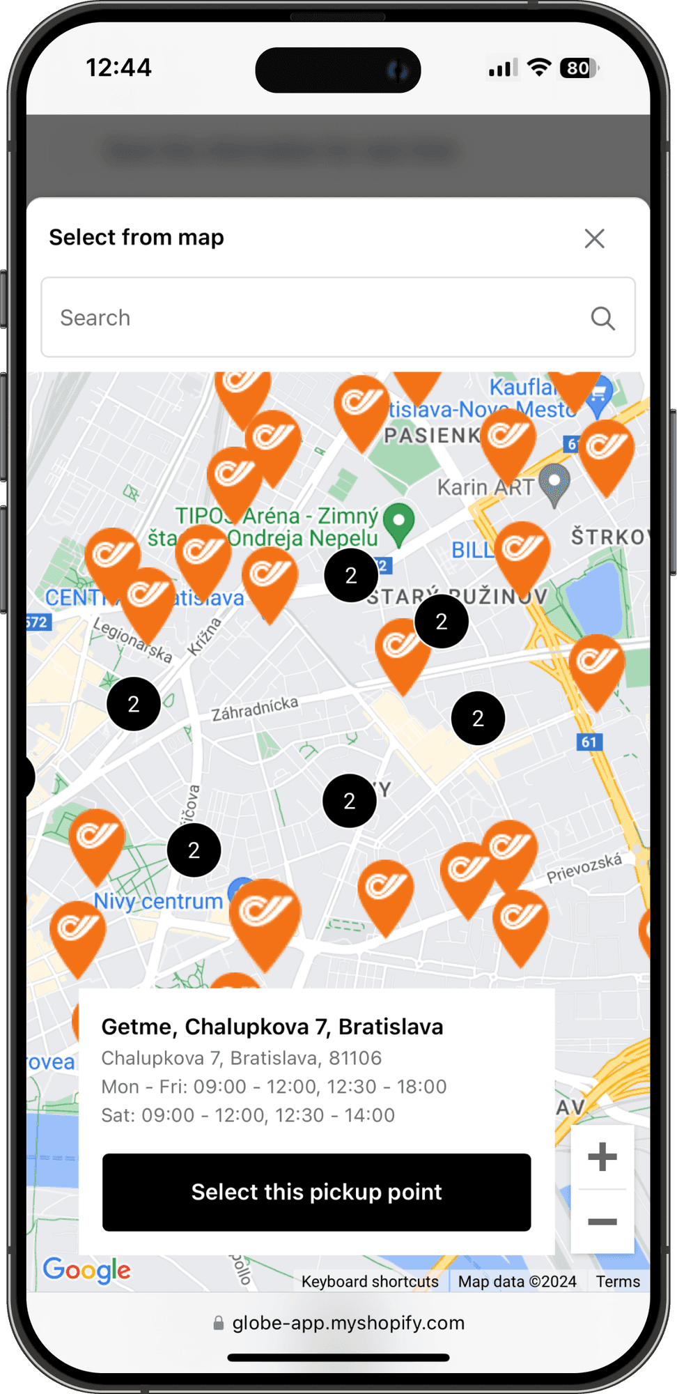 Interaktivní mapa výdejních míst SPS v rozhraní Shopify pokladny