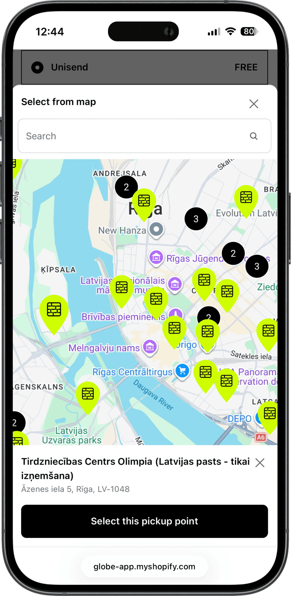 Interaktywna mapa punktów odbioru Unisend w kasie sklepu Shopify