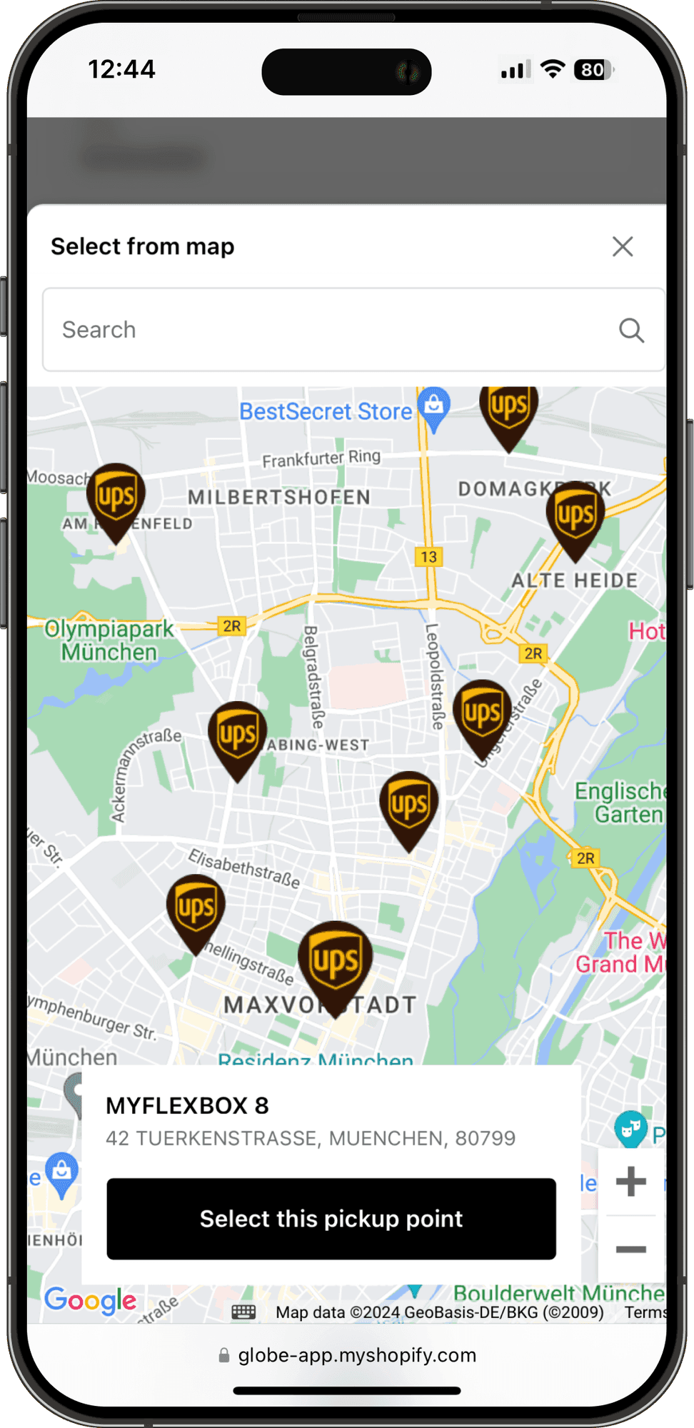 Interaktivní mapa výdejních míst UPS v rozhraní Shopify pokladny