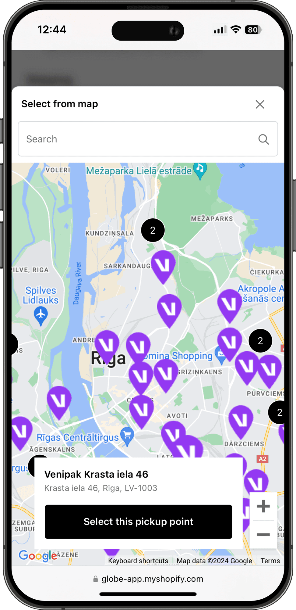 Interaktywna mapa punktów odbioru Venipak w kasie sklepu Shopify