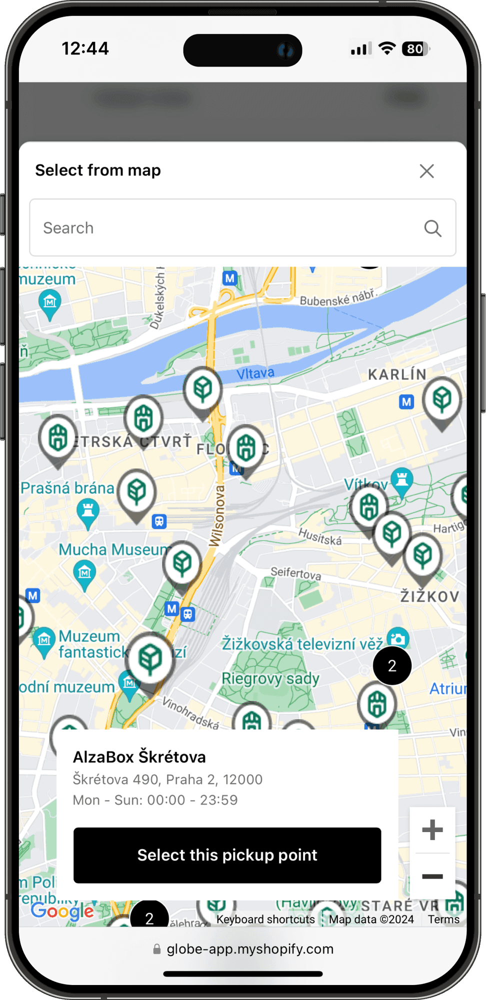 Interaktivní mapa výdejních míst One by Allegro v rozhraní Shopify pokladny
