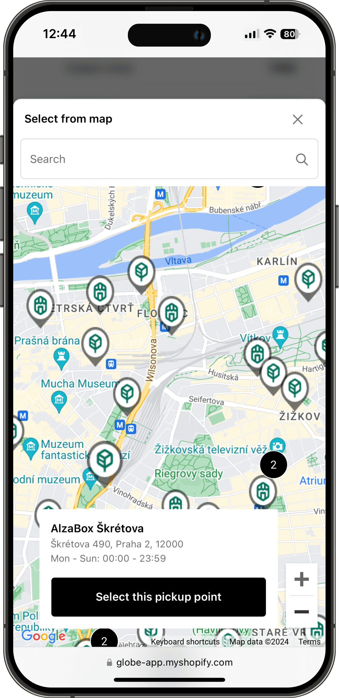 Interactive One by Allegro pickup points map on Shopify checkout interface