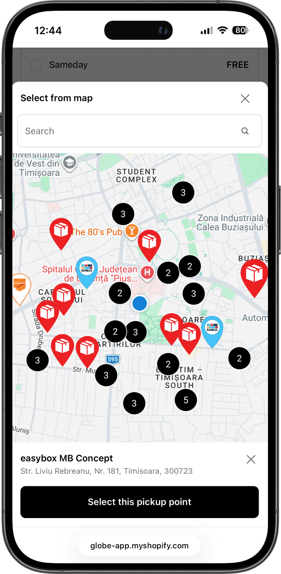 Interaktywna mapa punktów odbioru Woot w kasie sklepu Shopify