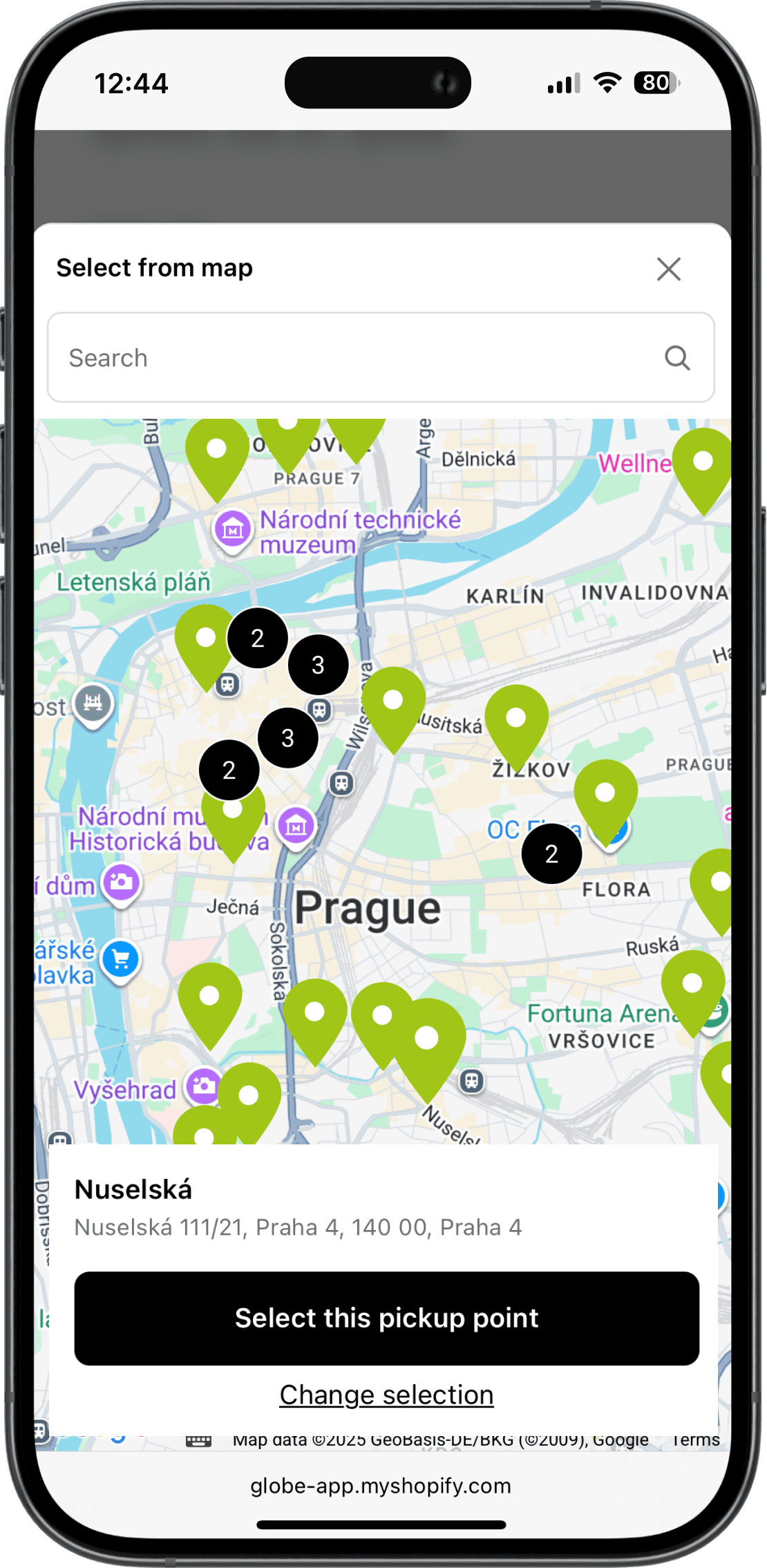Interaktivní mapa výdejních míst ybox24 v rozhraní Shopify pokladny