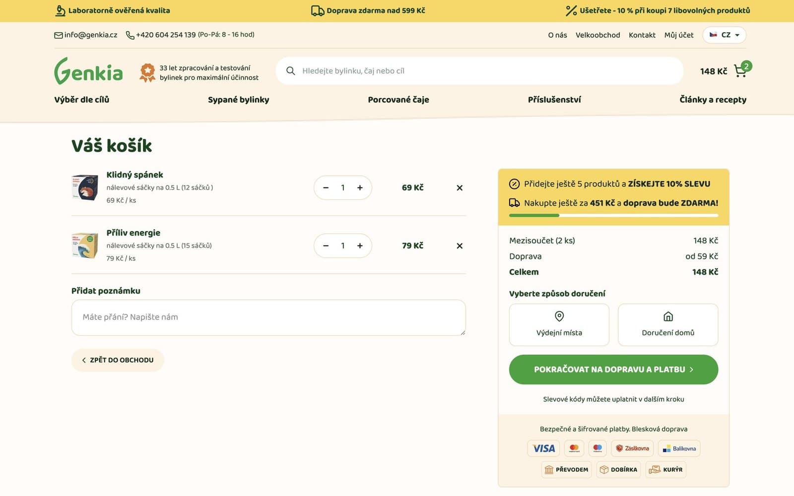 Souhrn košíku Genkia s volbou mezi výdejním místem a doručením domů