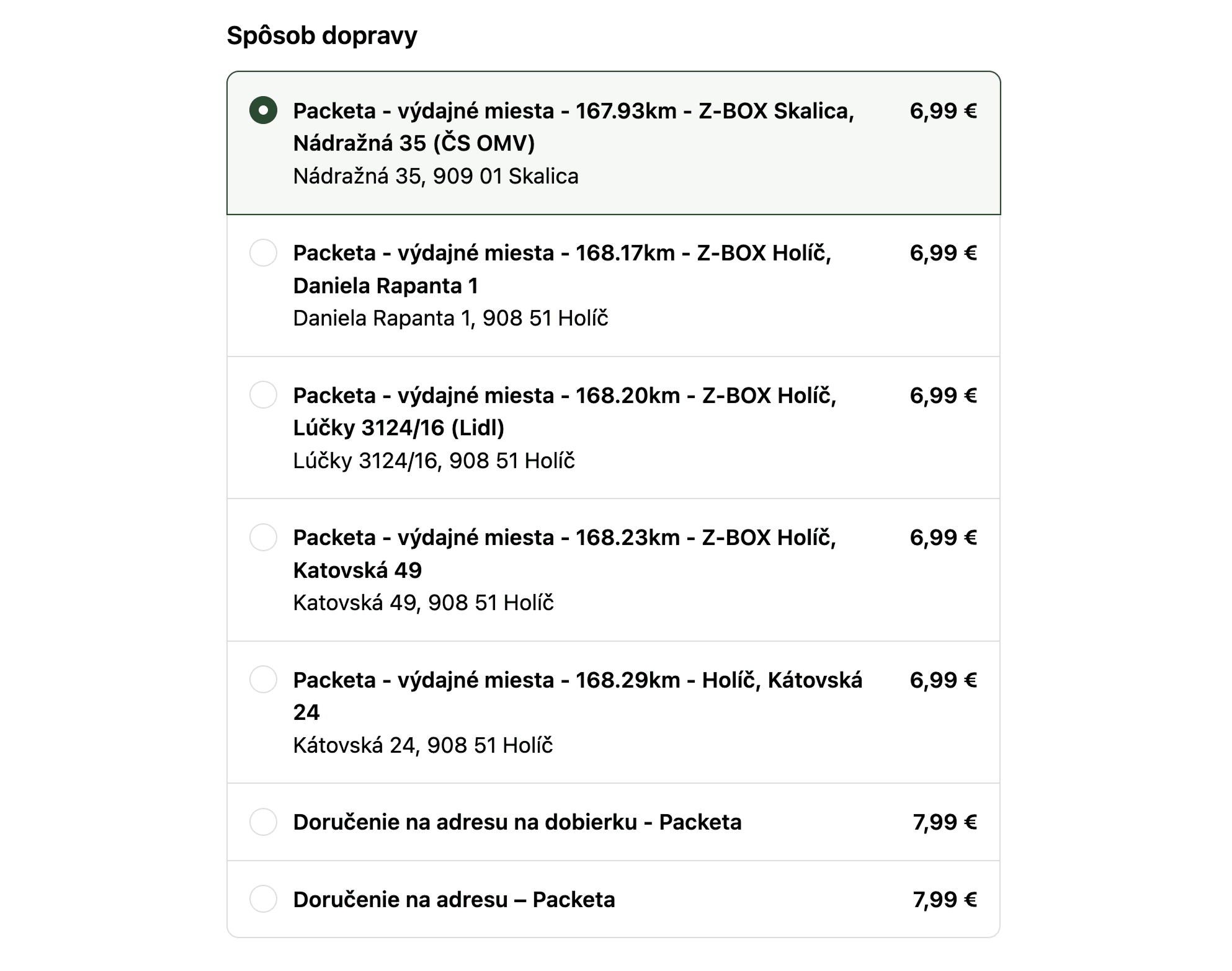 Csomagpontok szállítási díjként felsorolva a pénztárban