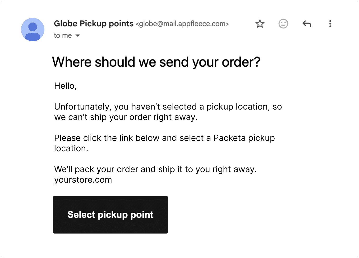 Przypomnienie e-mail w barwach sklepu z wezwaniem do wyboru punktu