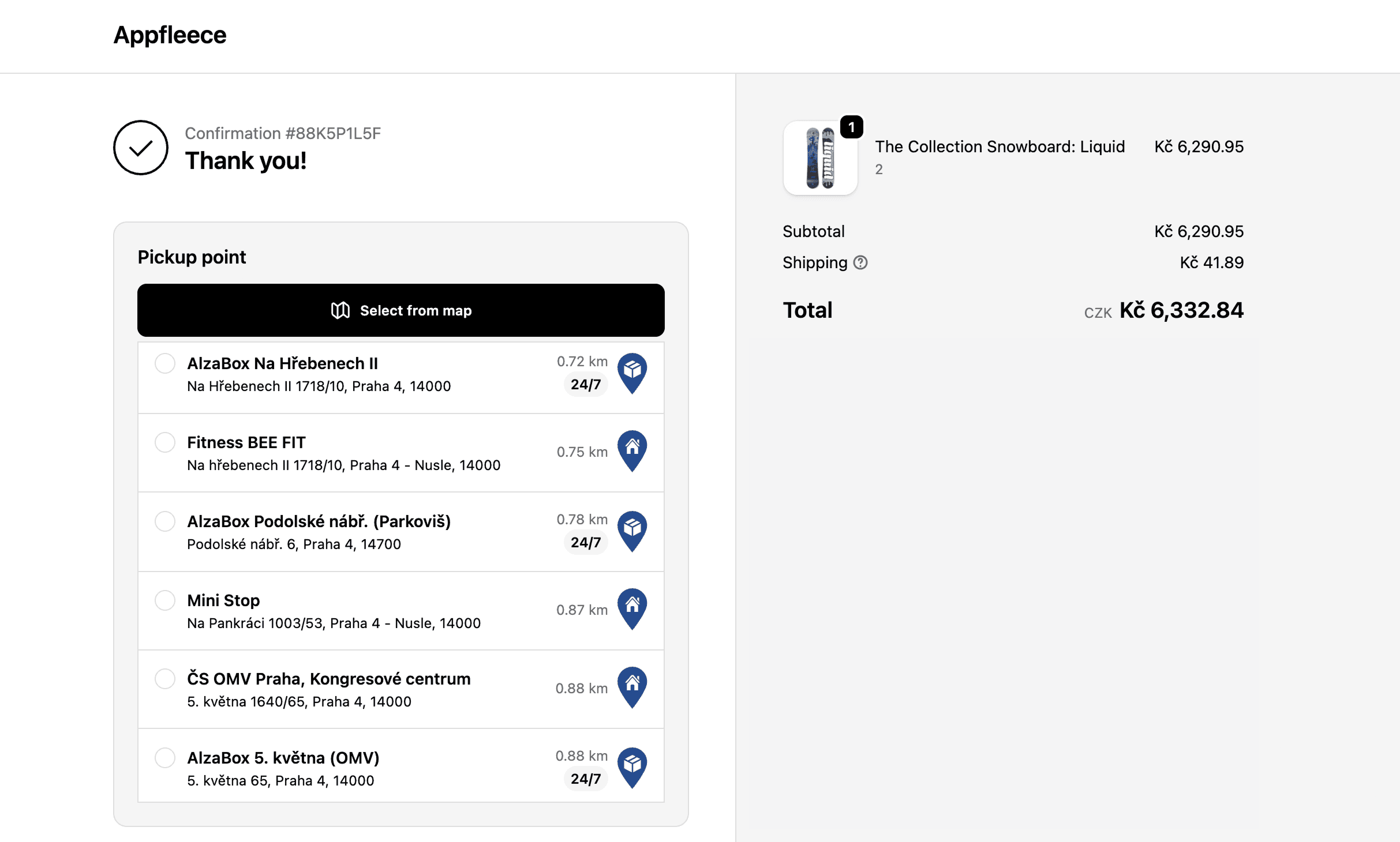 Pickup point selection on the thank-you page