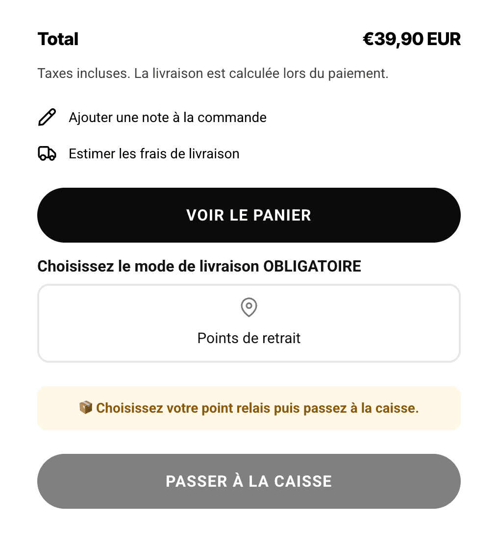 BE STRIDE: close-up of the pickup point selector in the Cart widget