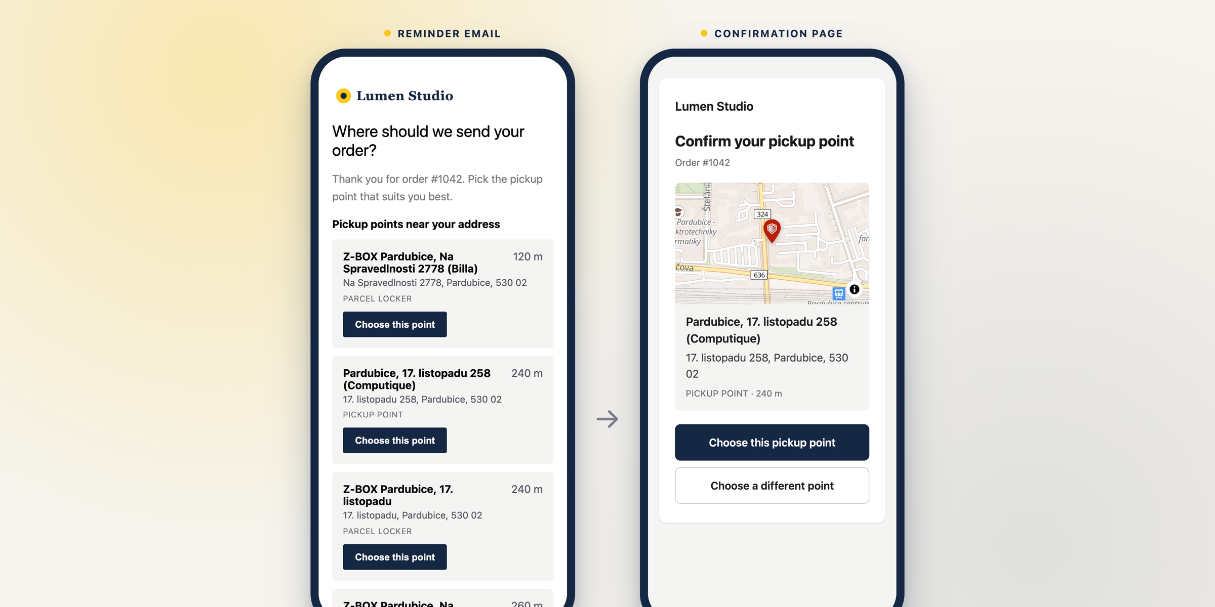 The reminder email with the nearest pickup points and the page where the customer confirms the point