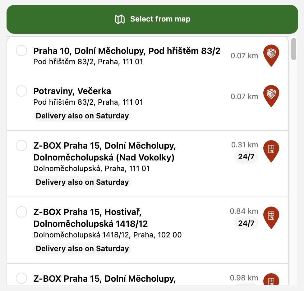 The "Delivery also on Saturday" badge shown under Packeta pickup points in the checkout picker